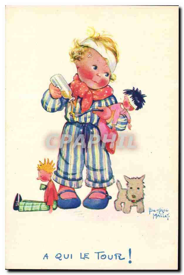 CPA Fantaisie Illustrateur Mallet Enfant A qui le tour Chien 