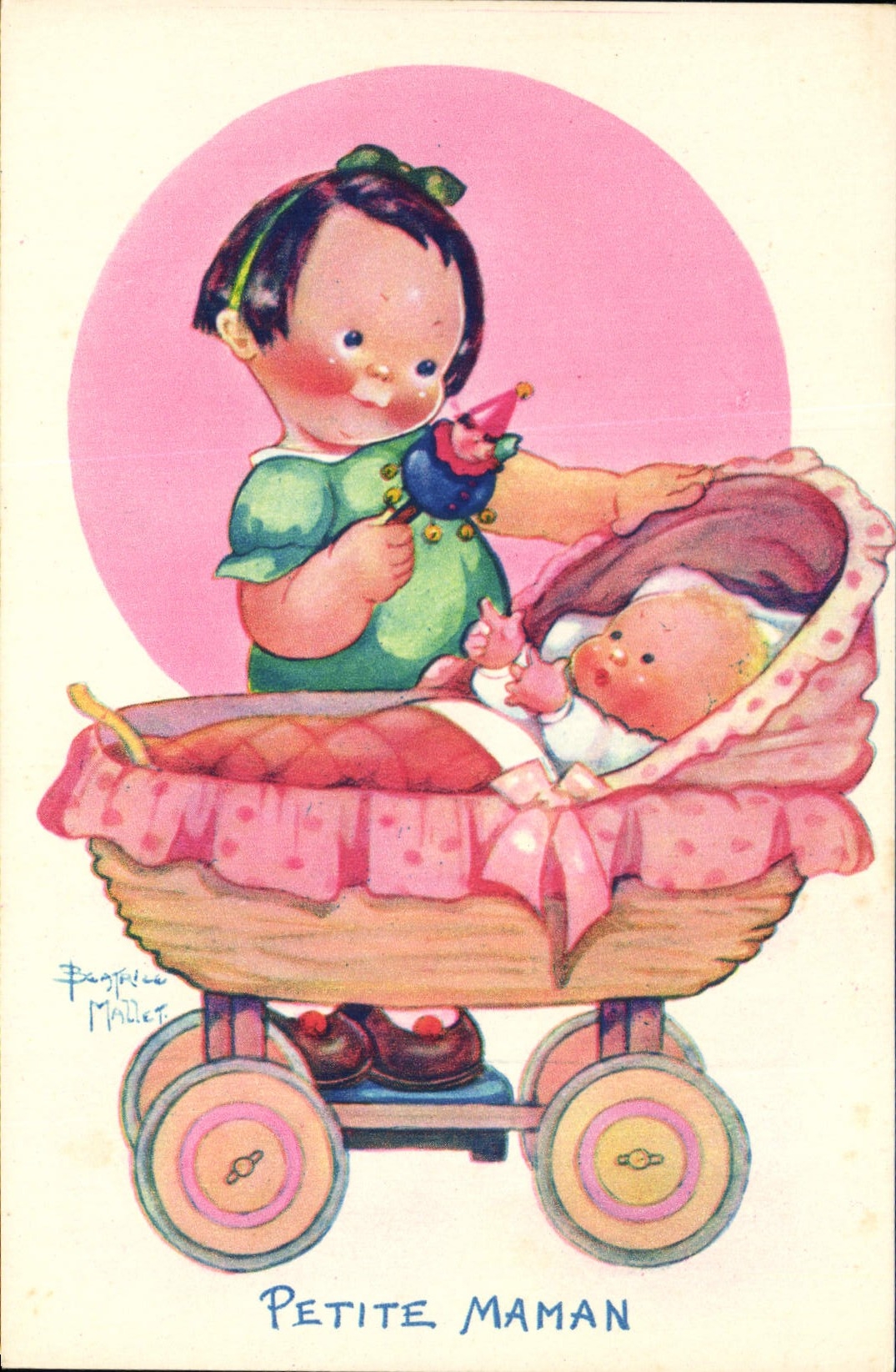 Petite Maman — illustration d'une petite fille tenant un bébé dans un landau — signée Pantilée Mallet