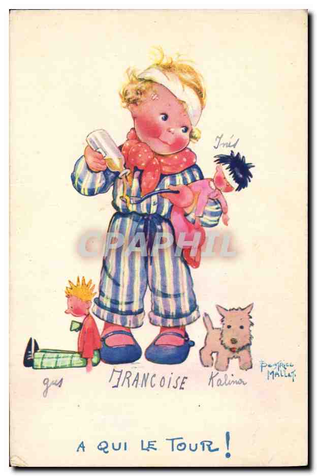 CPA Fantaisie Illustrateur Mallet Enfant A qui le tour Chien 