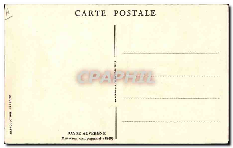 CPA Folklore Basse Auvergne Musicien campagnard  — Verso