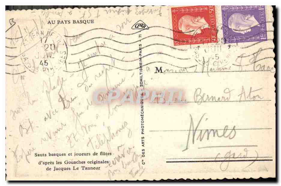 CPA Folklore Sauts basques et joueurs de flutes Jacques Le Tanneur  — Verso