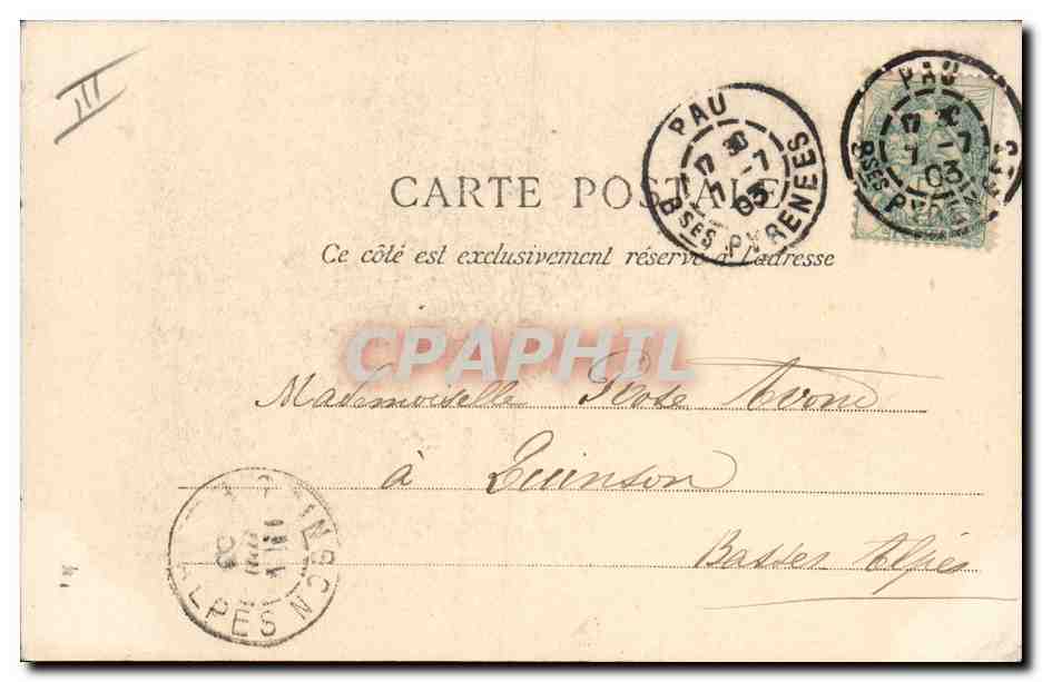 CPA Folklore Pyrenees Costumes du pays Musiciens de Larnus Eaux Bonnes  — Verso