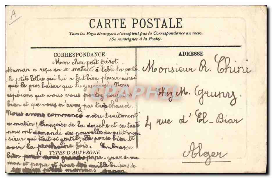 CPA Folklore Joueur de cornemuse  — Verso