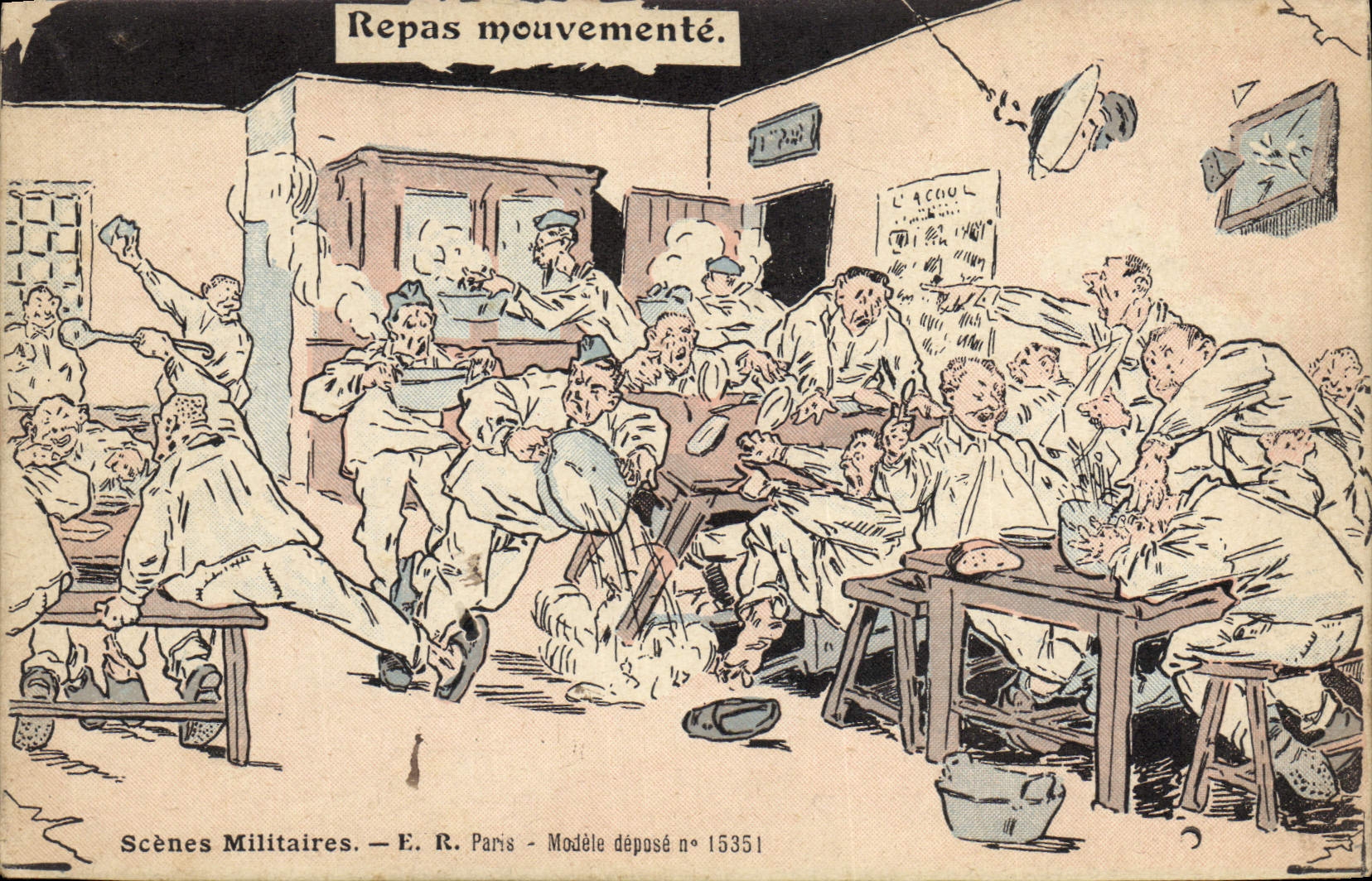 CPA Militaria Repas mouvemente 