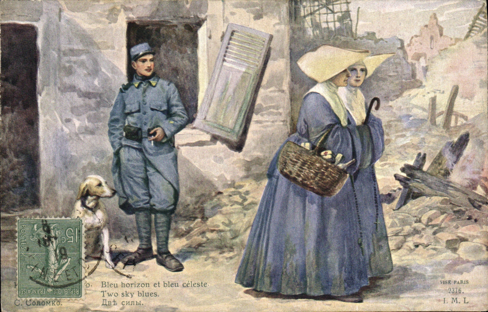 CPA Militaria Bleu horizon et ble celeste Chien Religieuses 