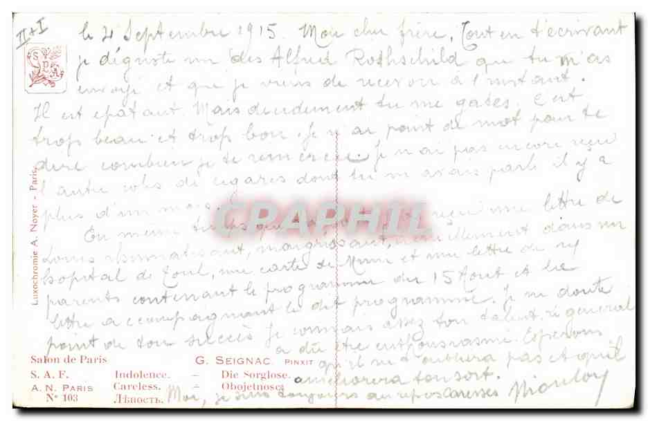 Jeune femme nue sur un canapé — œuvre de G. Seignac — Salon de Paris, N° 103 — Verso