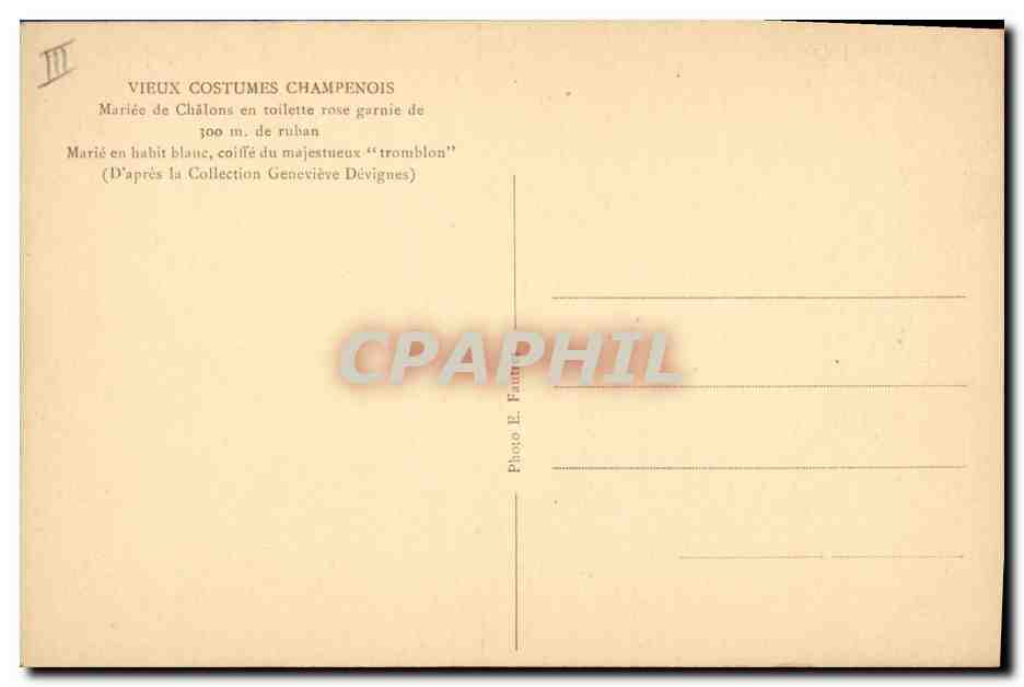 CPA Folklore Vieux costumes Champenois Mariee en Chalons en toilette rose garnie de 300m de ruban Marie en habit blanc Mariage  — Verso