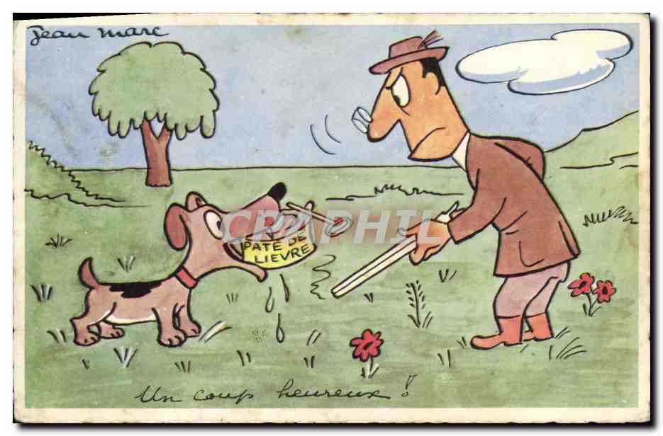 CPA Fantaisie Illustrateur Chasse Chasseur Chien Pate de lievre 