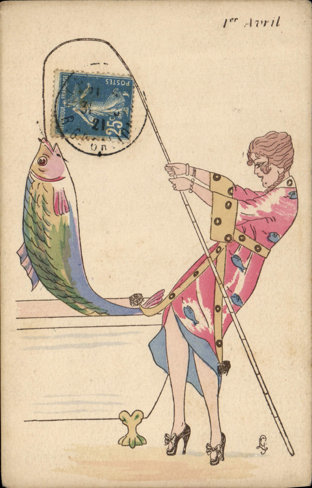 Femme pêchant un poisson — 1er Avril — Éditeur Em. Brocheries, Série 355