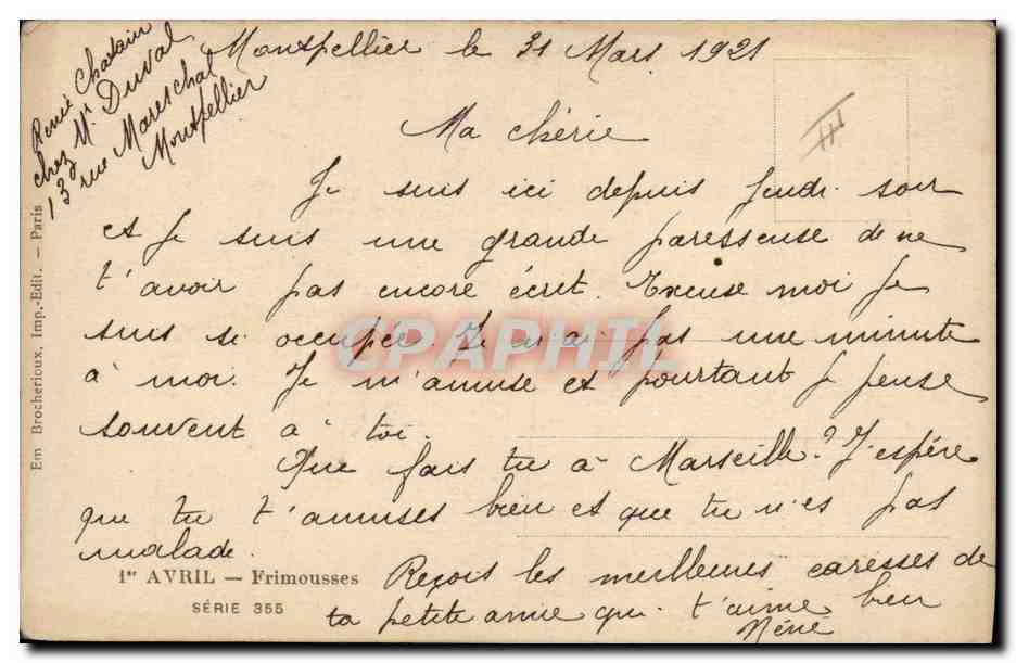 Femme pêchant un poisson — 1er Avril — Éditeur Em. Brocheries, Série 355 — Verso
