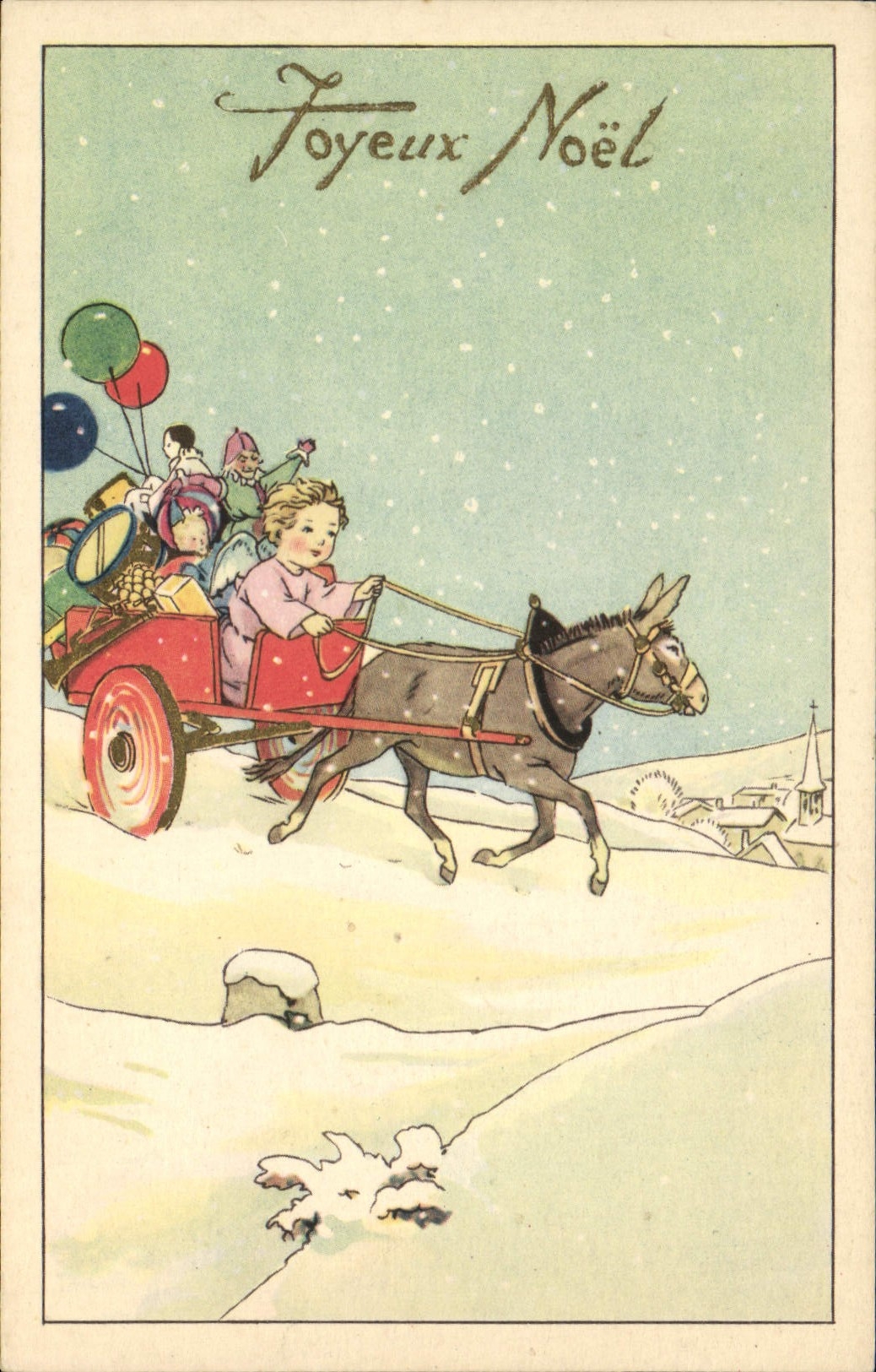 CPA Fantaisie Illustrateur Ane Mule Enfant Noel 