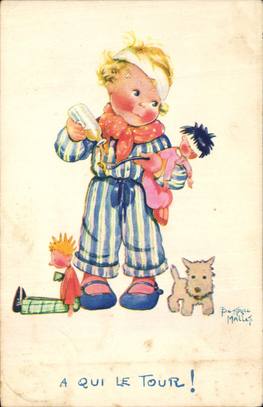 CPA Fantaisie Illustrateur Enfants Beatrice Mallet A qui le tour Chien 