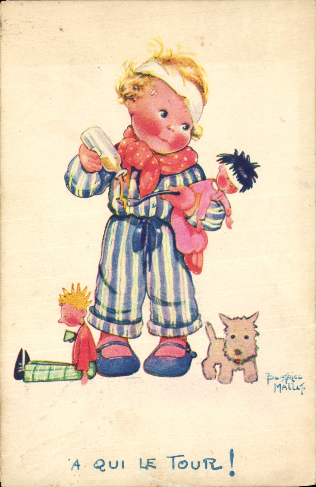 CPA Fantaisie Illustrateur Enfants Beatrice Mallet A qui le tour Chien 
