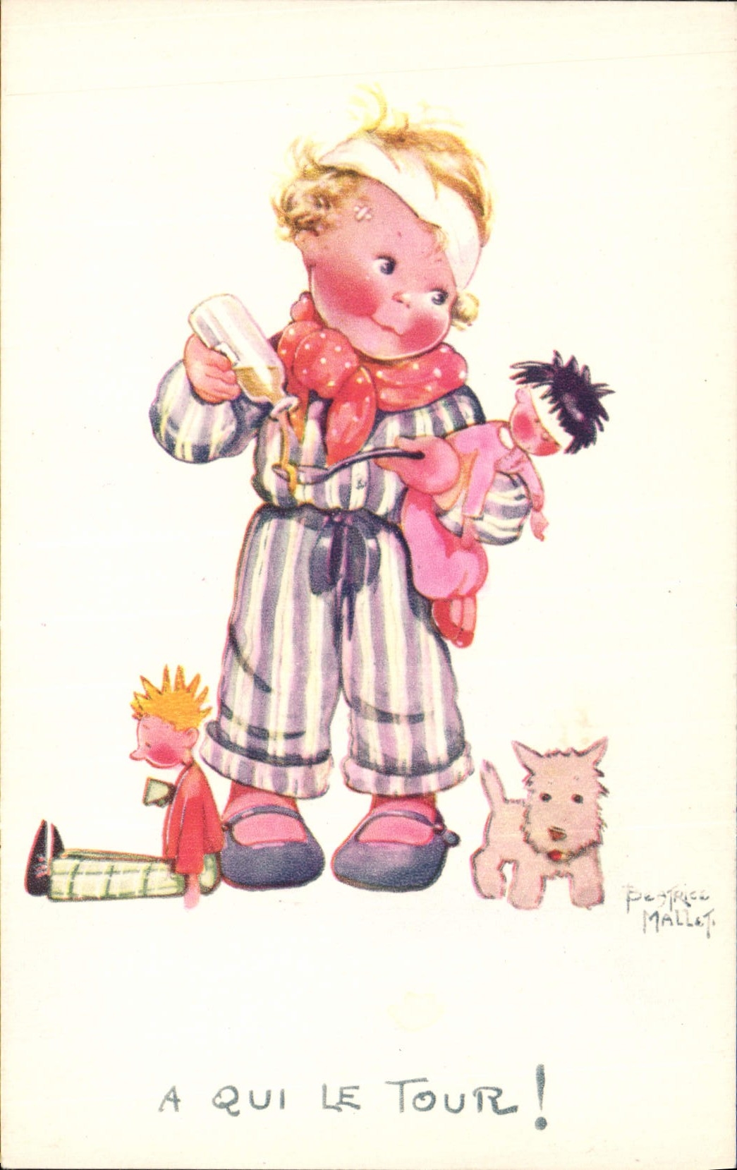 CPA Fantaisie Illustrateur Enfants Beatrice Mallet A qui le tour Chien 