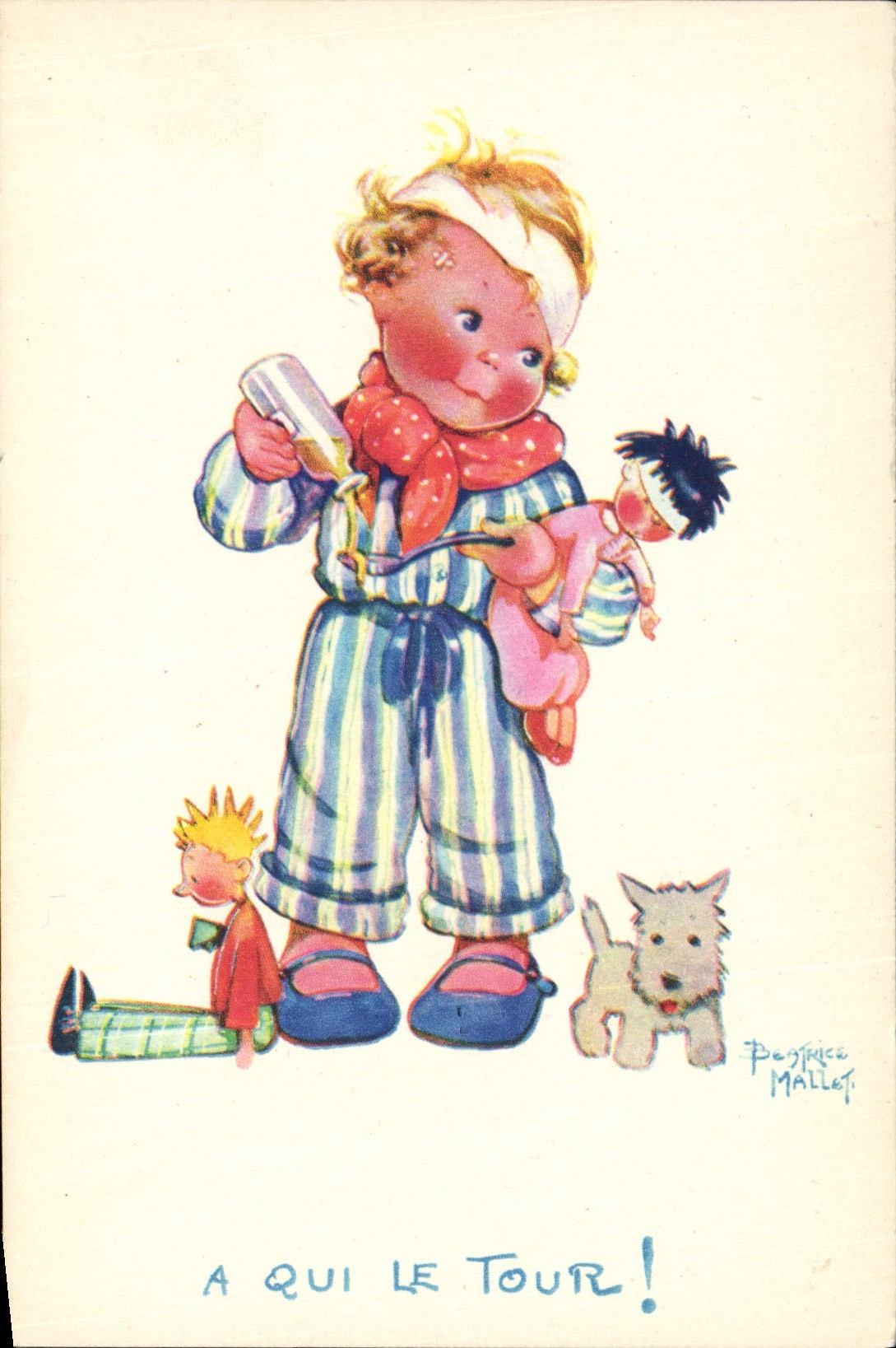 CPA Fantaisie Illustrateur Enfants Beatrice Mallet A qui le tour Chien 