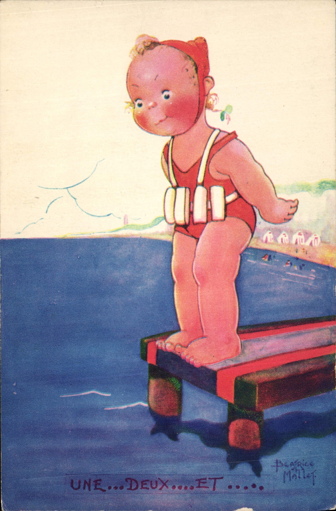 Enfant en maillot de bain et gilet de sauvetage — sur un ponton — dessin de Béatrice Mallet — Comité National de l'Enfance, Paris