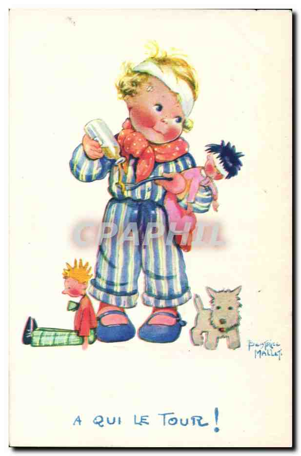 CPA Fantaisie Illustrateur Enfants Beatrice Mallet A qui le tour Chien 