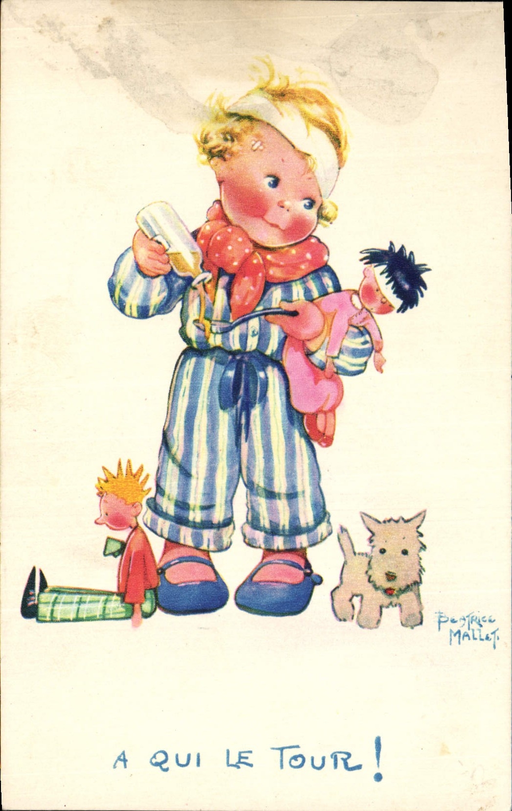 CPA Fantaisie Illustrateur Enfants Beatrice Mallet A qui le tour Chien 