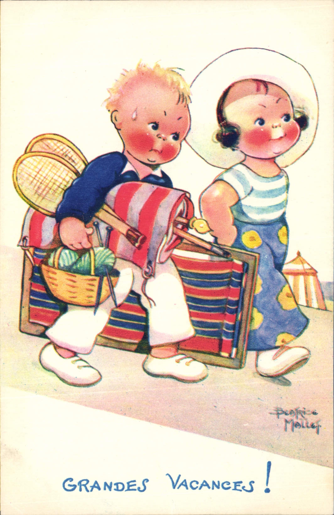 Deux enfants avec bagages — Grande Vacances ! — Delrieu, n° III