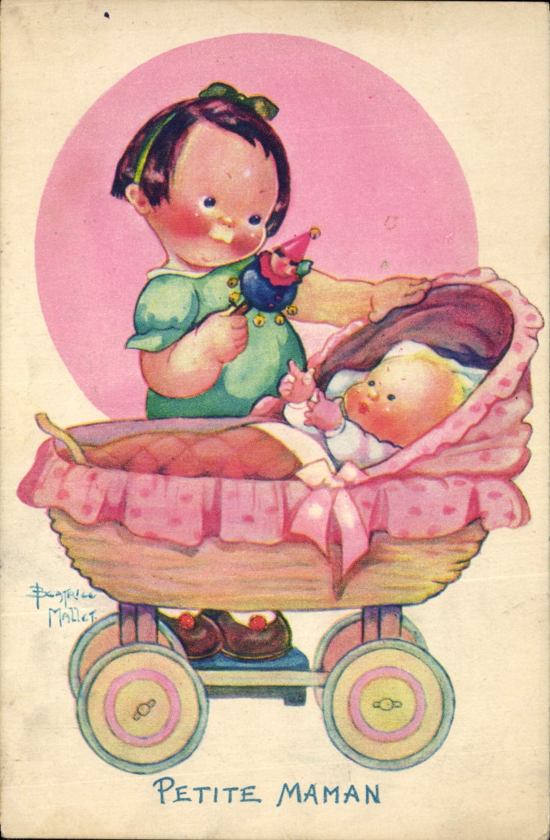 Petite Maman — Illustration d'une petite fille poussant un landau avec un bébé — Bagnélice Mallet