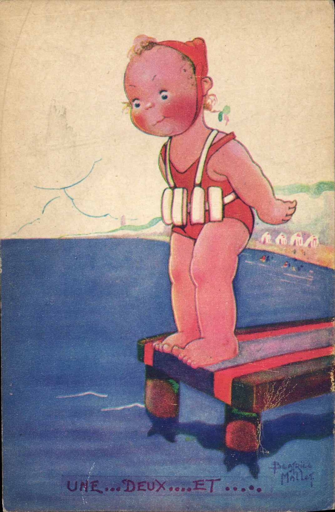 Enfant en maillot de bain — saut à la mer — illustrée par Paquita Mollet