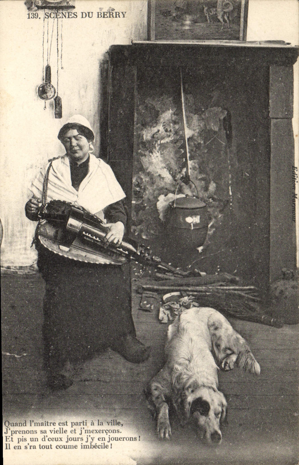 Scènes du Berry — Femme avec chien près d'une cheminée — Édité par H. Hennann, n°139