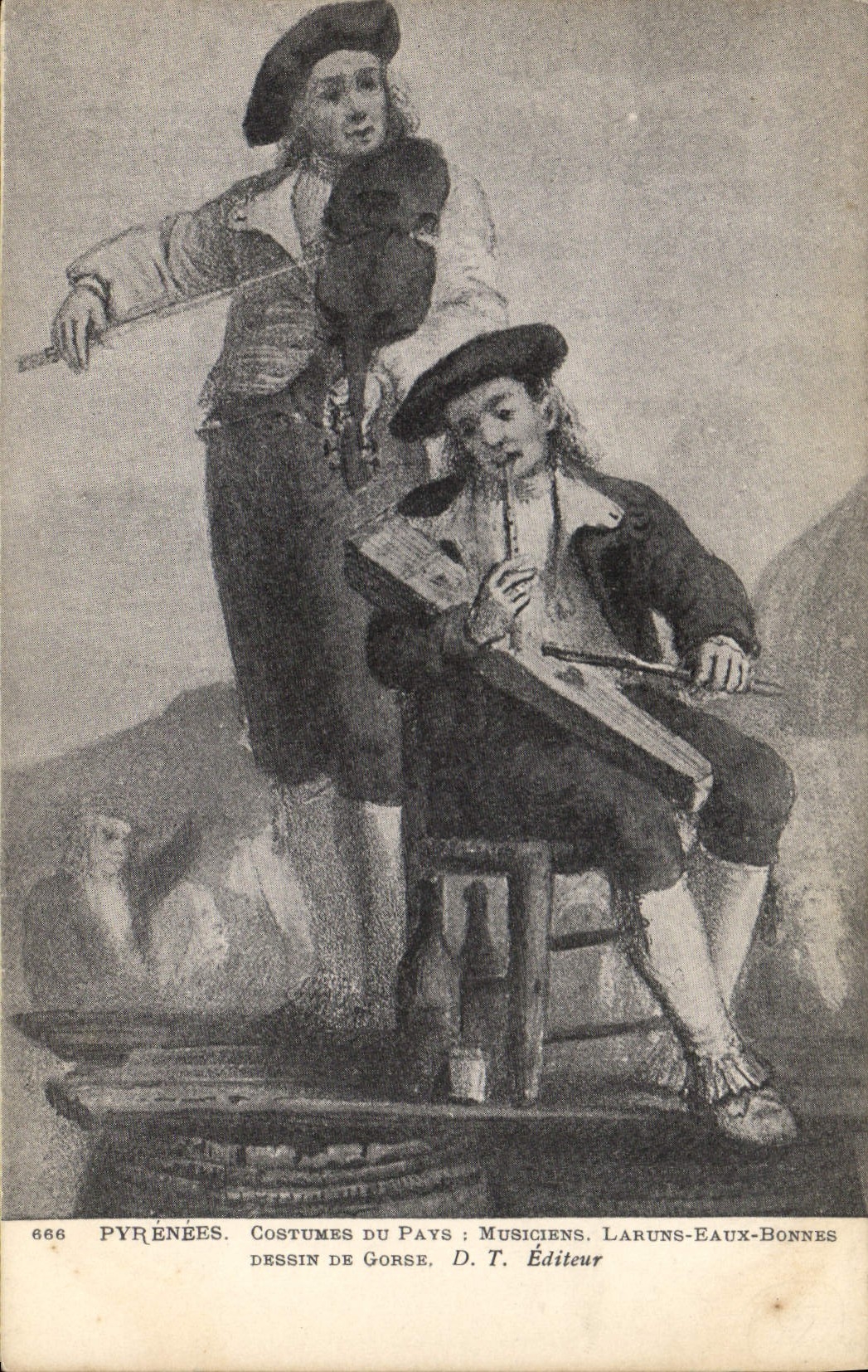Pyrénées. Costumes du pays : musiciens. Laruns-Eaux-Bonnes — Dessin de Gorse. D. T. Éditeur