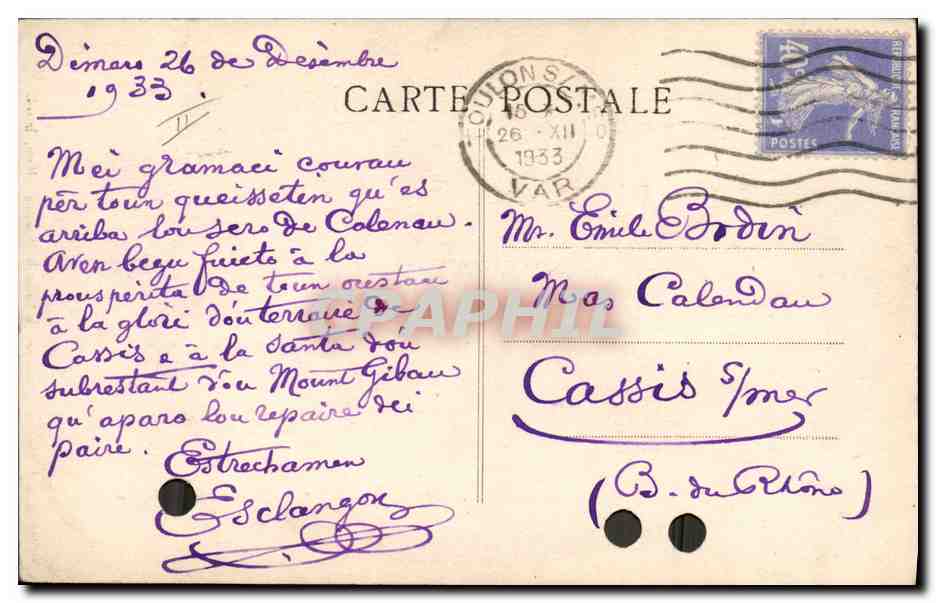 Vivo la Prouvenço ! — Édition du Syndicat d'Initiative de Salon-de-Provence — Repr. Interd. — Verso