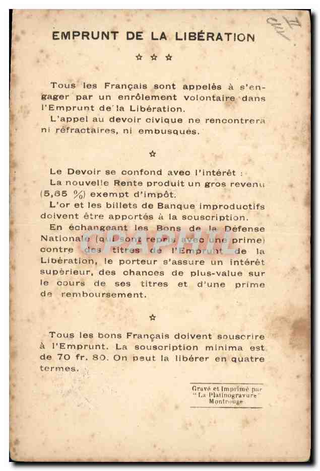 CPA Militaria Marechal Foch Emprunt de la liberation Vainqueurs de la Marne  — Rückseite