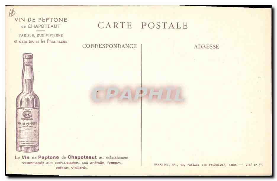 CPA Militaria Soldat belge Vin de Peptone de Chapoteaut Paris Rue Vivienne — Rückseite