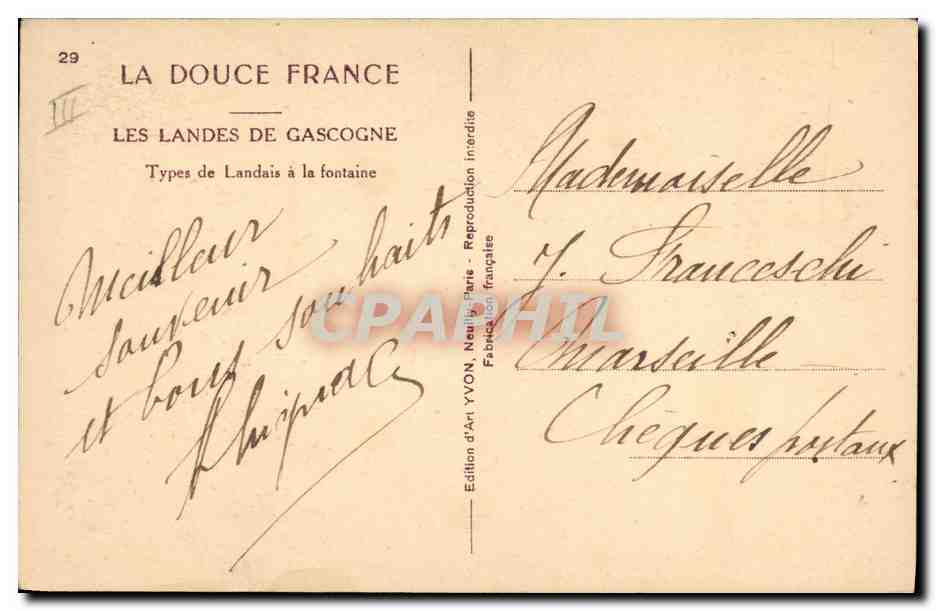 CPA Folklore Les Landes de Gascogne Types de Landais a la fontaine  — Verso