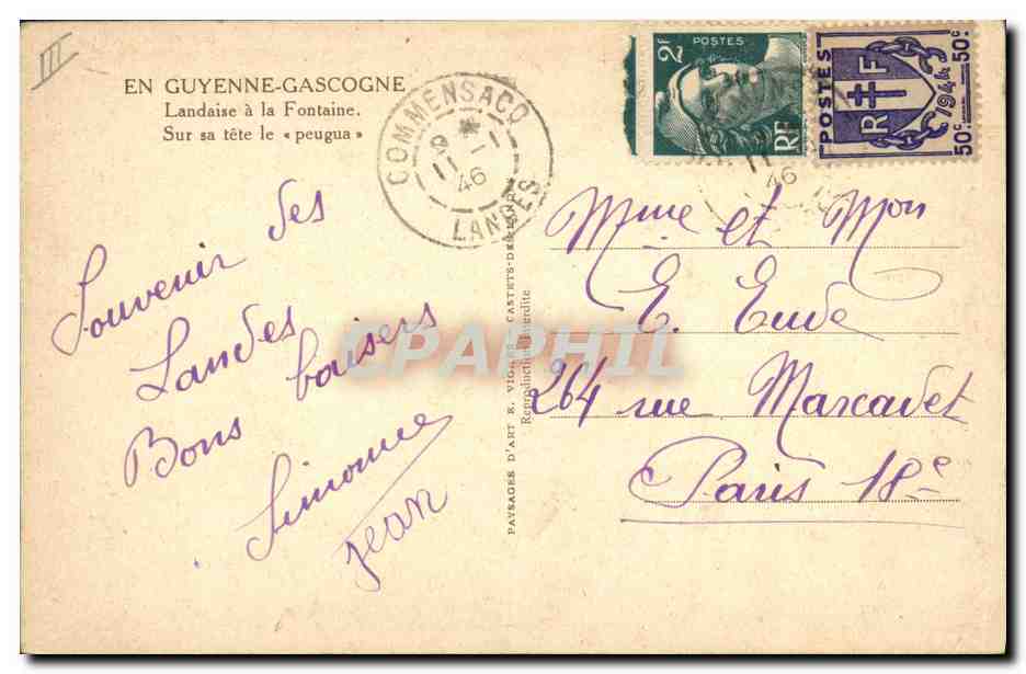 CPA Folklore Guyenne Gascogne Landaise a la fontaine Sur sa tete le peugua — Verso