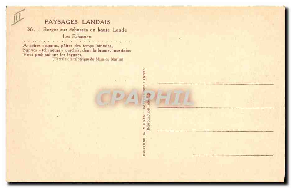 CPA Folklore Paysages landais Berger sur echasses en haute Lande Les Echassiers — Verso