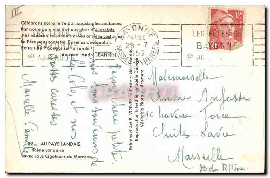CPA Folklore Au pays landais Scene landaise avec lous Cigalouns de Morcenx — Verso