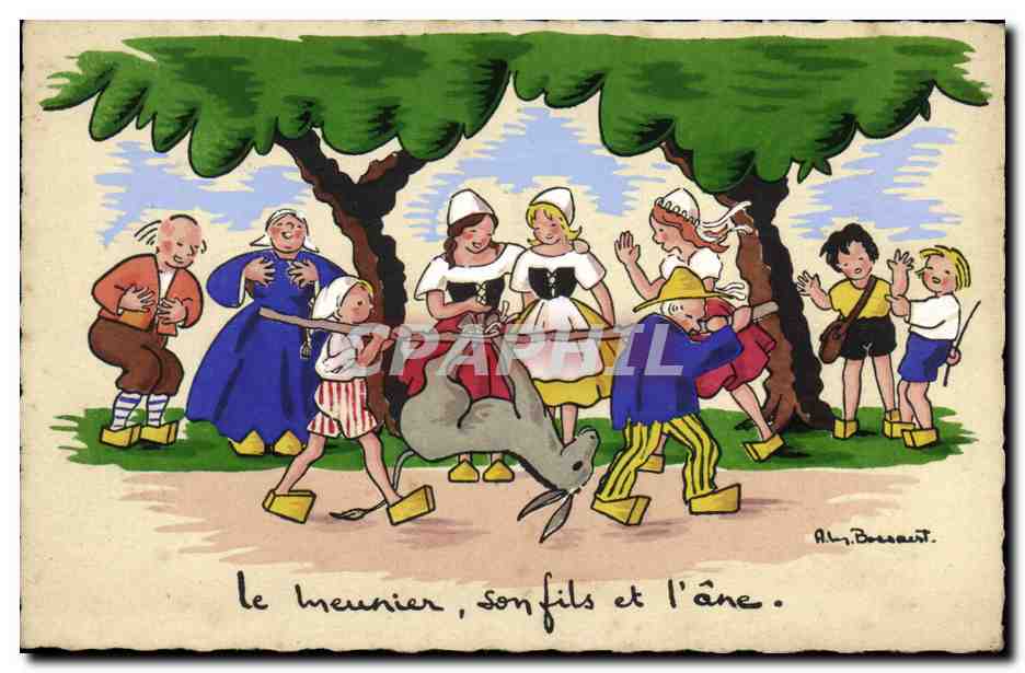 CPA Fantaisie Illustrateur Le meunier Son fils et l'ane