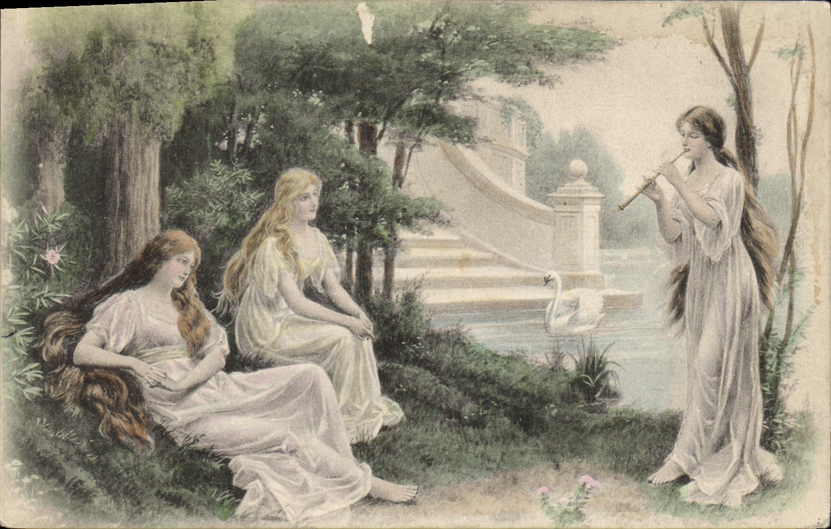 CPA Fantaisie Illustrateur Femmes Cygne 