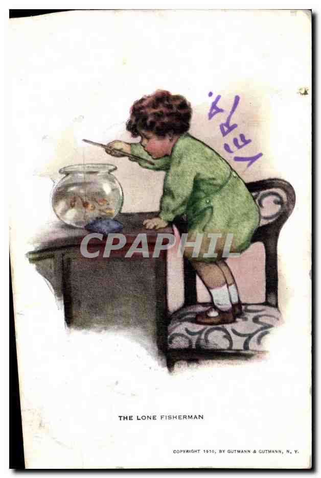 CPA Fantaisie Illustrateur Enfant The lone fisherman Poissons