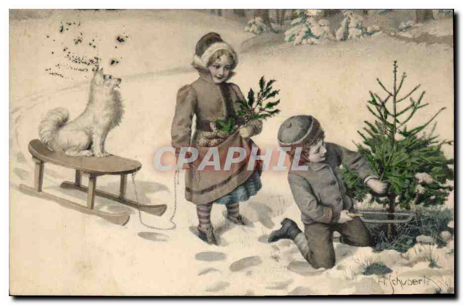 CPA Fantaisie Illustrateur Enfant Luge Chien