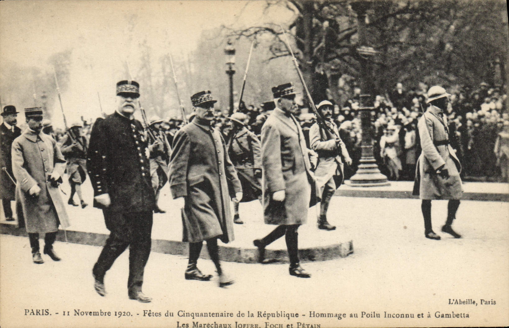 Paris - 11 November 1920 - Celebrations of the 50th Anniversary of the Republic - Homage to the Unknown Soldier and Gambetta - Marshals Joffre, Foch and Pétain