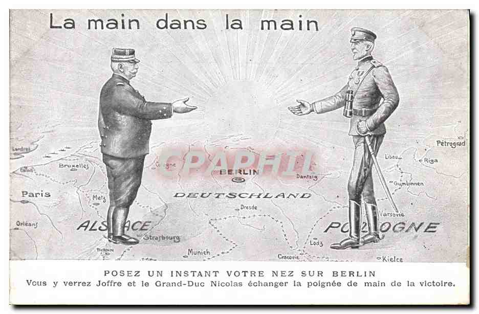 CPA Militaria La main dans la main Joffre Grand Duc Nicolas Pologne Russie Russia 