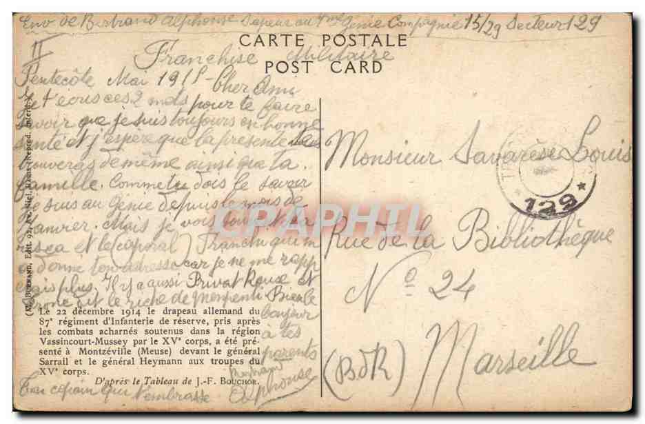CPA Militaria 87eme regiment d'infanterie Vassincourt Mussey — Verso
