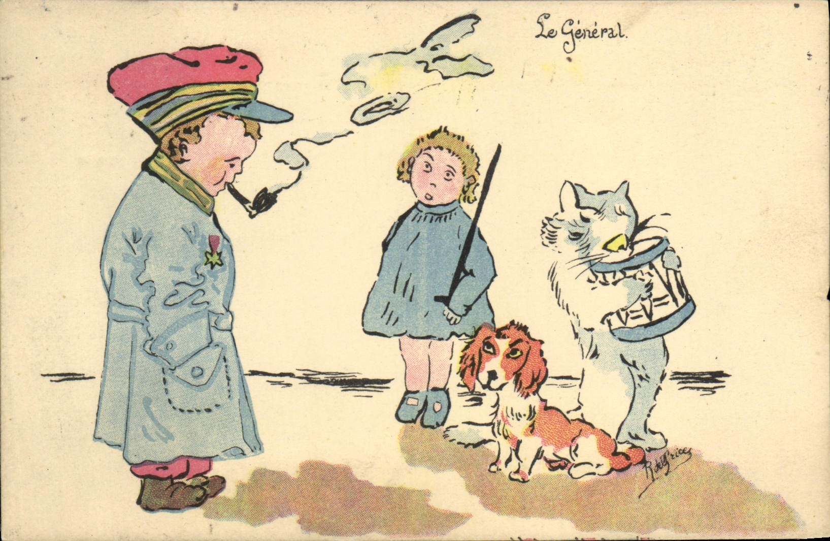 CPA Militaria Enfant Le general Chien Chat 