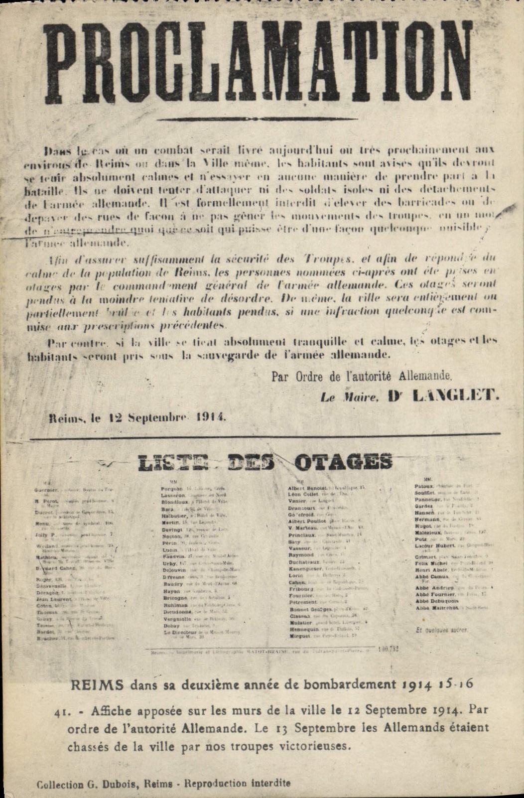 CPA Militaria Proclamation Liste des otages Reims 