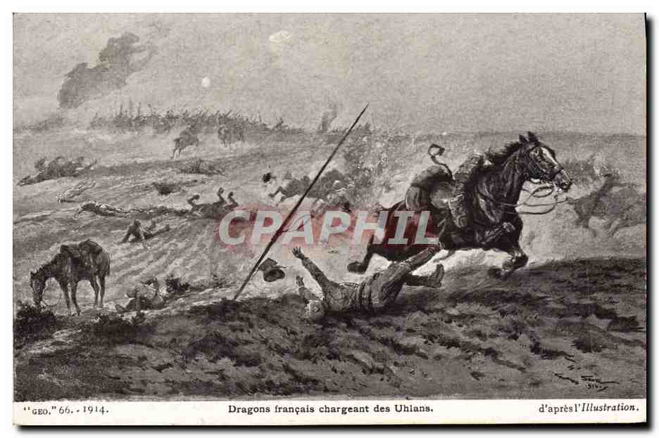 CPA Militaria Dragons francais chargeant des Uhlans 