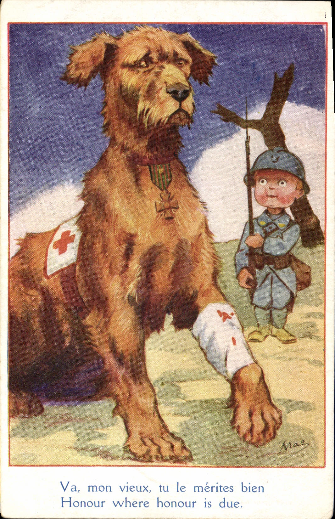 CPA Militaria Chien Croix Rouge Enfant 