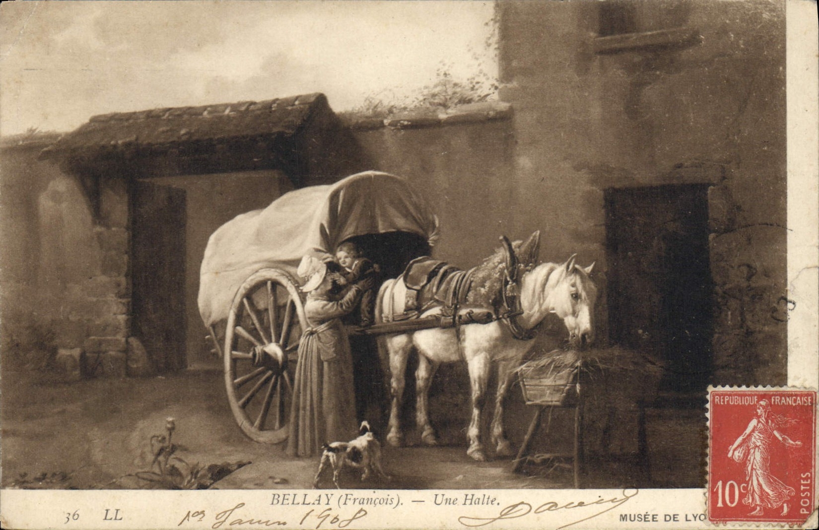 CPA Bellay Une halte Cheval Attelage 