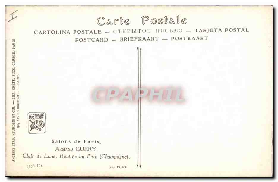 CPA Salons de Paris Armand Guery Clair de lune Rentree au parc Champagne  — Verso