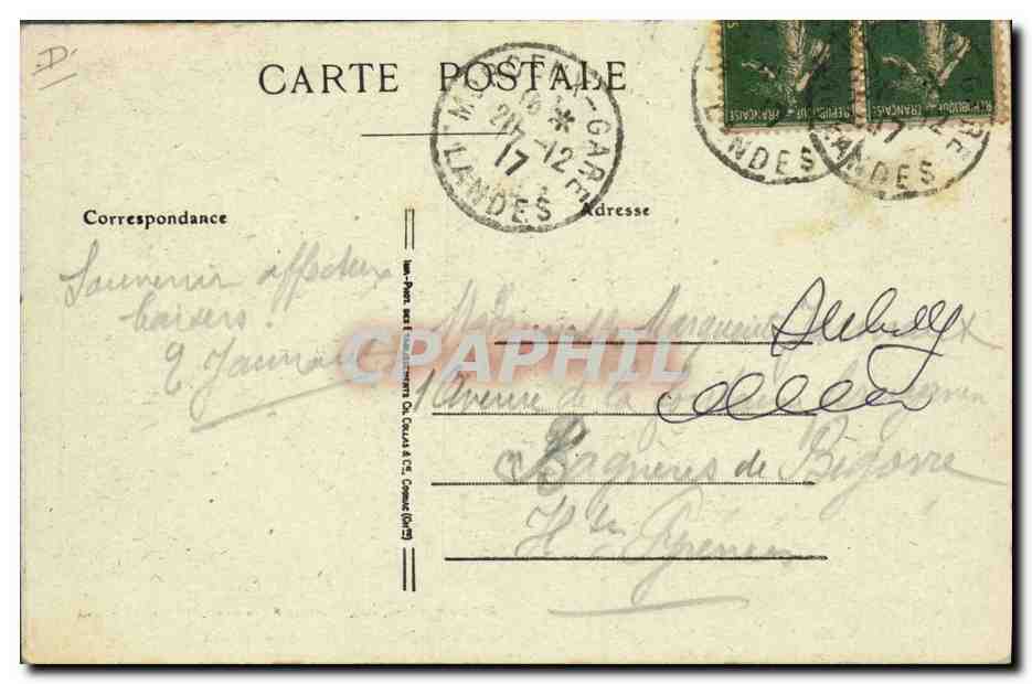 Berger et bergère landais sur leurs échasses, filant et tricotant — A. Dauruy, photo, successeur de F. Bernède, Morcenx (Landes) — Verso