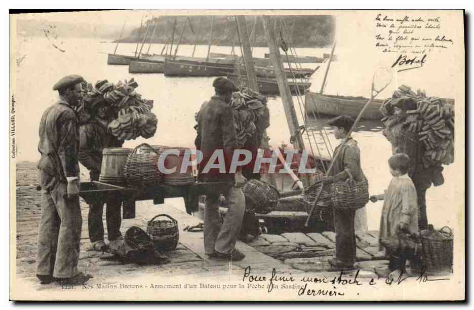 CPA Folklore Botrel Nos marins bretons Armement d'un bateau pour la peche a la sardine Bateau 