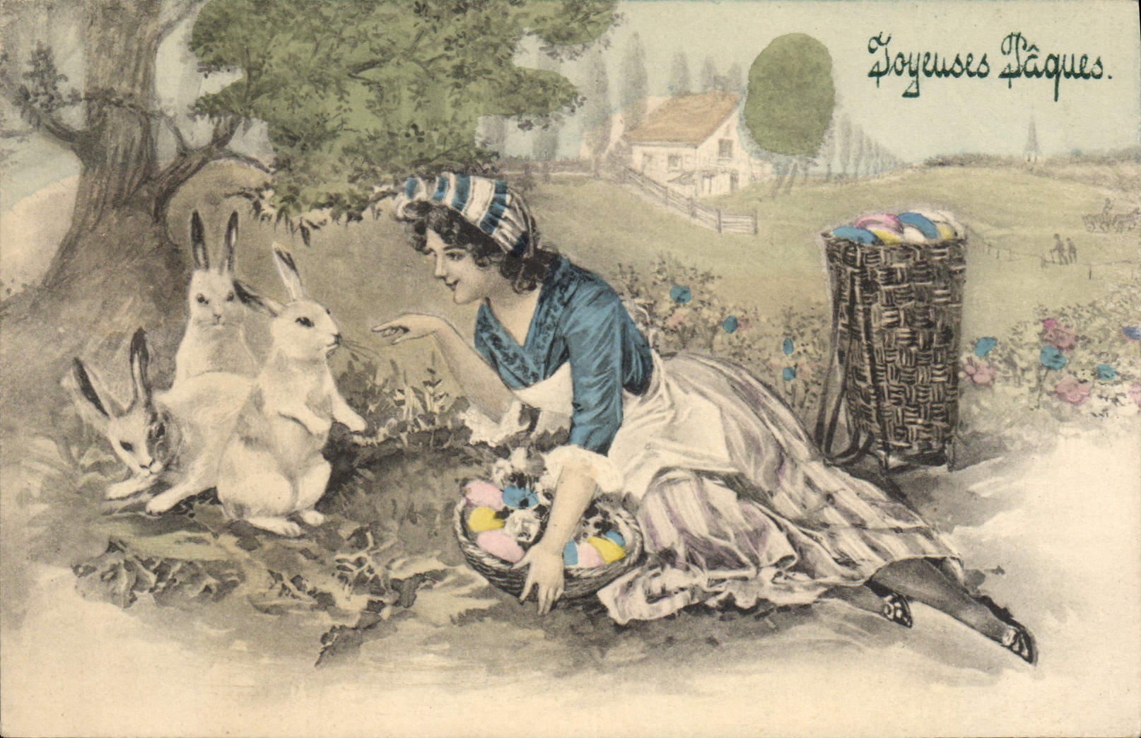 Femme avec lapins et œufs de Pâques — Série 4035 — CPAPHIL